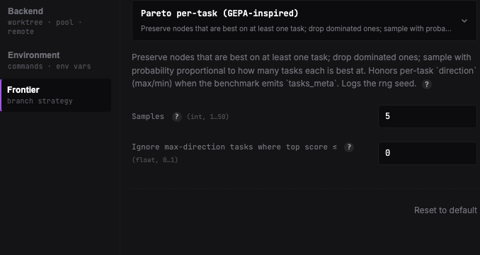 Dashboard Settings modal with the Frontier section selected, showing the Pareto per-task strategy and its parameter fields.